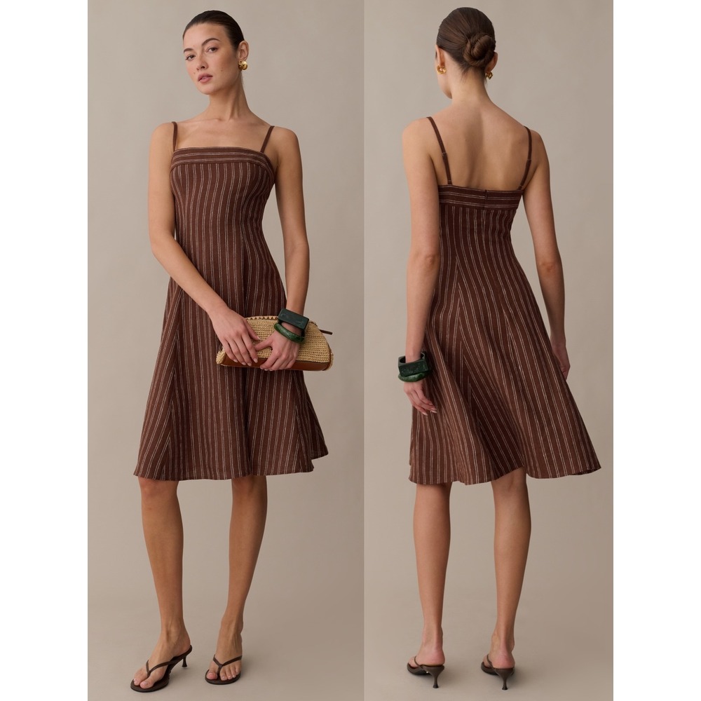 NWT o.p.t Gizele 100% Linen Dress in Brown Stripe - Size Small